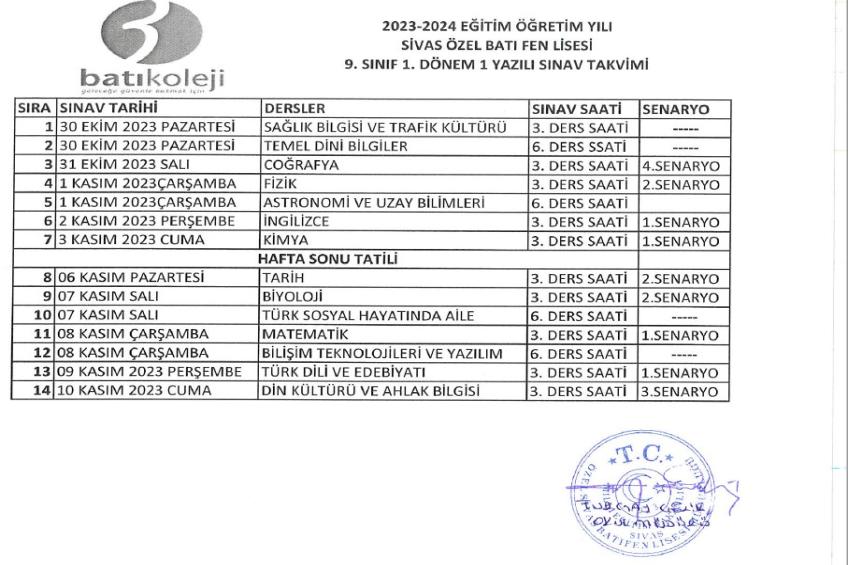 2023-2024 1. DÖNEM 1. YAZILI SINAV TARİHLERİ